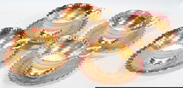 ROYAL STAFFORD TEA CUPS & SAUCERS, FOUR SETS: ROYAL STAFFORD TEA CUPS & SAUCERS, FOUR SETS:Made in England. Wide fired gold decoration on four cups and four saucers. Two sets have pink in borders and two sets have burgundy in borders. Beautifully