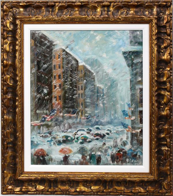 GUY CARLETON WIGGINS , OIL ON CANVAS, 24" X 20": GUY CARLETON WIGGINS , OIL ON CANVAS, 24" X 20", NYC WINTER STREET SCENE: AMERICAN 1883-1962:Signed lower right; a later work by the artist; later frame.