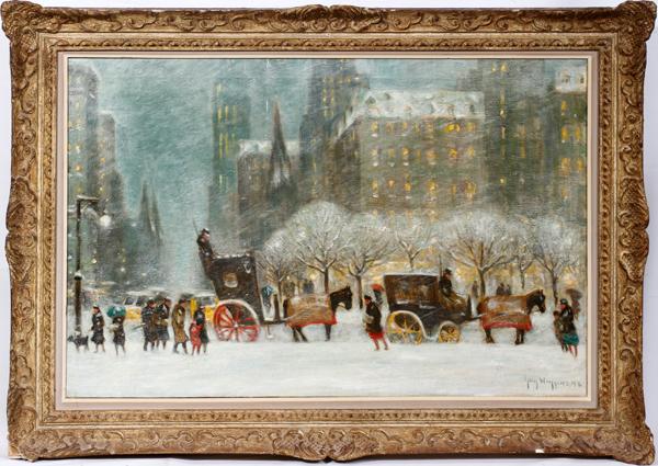GUY CARLETON WIGGINS, OIL ON CANVAS, 24" X 36",: GUY CARLETON WIGGINS, OIL ON CANVAS, 24" X 36", CENTRAL PARK: AMERICAN 1883-1962:Central Park snow scene. Signed lower right. Authenticated by Guy A. Wiggins (the artist's son) on February 18, 2010. T