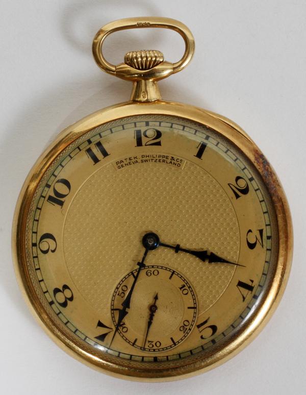 PATEK PHILIPPE & CO. 18KT GOLD POCKET WATCH: PATEK PHILIPPE & CO. 18KT YELLOW GOLD OPEN FACE POCKET WATCH, MADE FOR GROGAN CO., PITTSBURGH:Gorgeous open face pocket watch contains a face clad with black Roman Numerals above a subsidiary second d