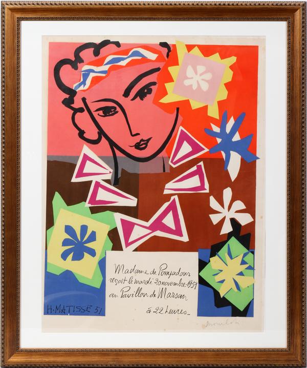 AFTER HENRI MATISSE, COLOR LITHOGRAPH, 1951,: AFTER HENRI MATISSE, COLOR LITHOGRAPH, 1951, 28" X 21 1/4" IMAGE, "MADAME DE POMPADOUR":Published by Mourlot; on rice paper; signed and dated; framed.