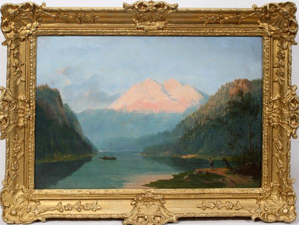 H.B. DONALDSON, OIL ON CANVAS, 1870, 15" X 22": H.B. DONALDSON, OIL ON CANVAS, 1870, 15" X 22", MOUNTAIN LAKE SCENE:Signed and dated '70 lower right; gilt period frame. Unmarked label with "JLH 201" (possibly JL Hudson Co.) on verso of frame.
