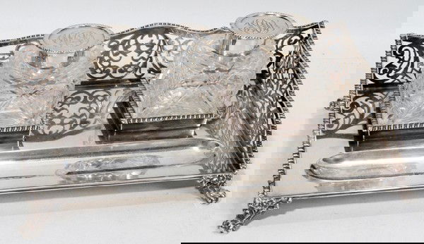 CHARLES STUART HARRIS STERLING/CRYSTAL INKWELL: CHARLES STUART HARRIS STERLING & CRYSTAL INKWELL SET, 1902, THREE, RETAILED BY HOWARD & CO., H 3":Including 2 crystal inkwells with sterling collars and lids, stamped with maker's initials, lion passa