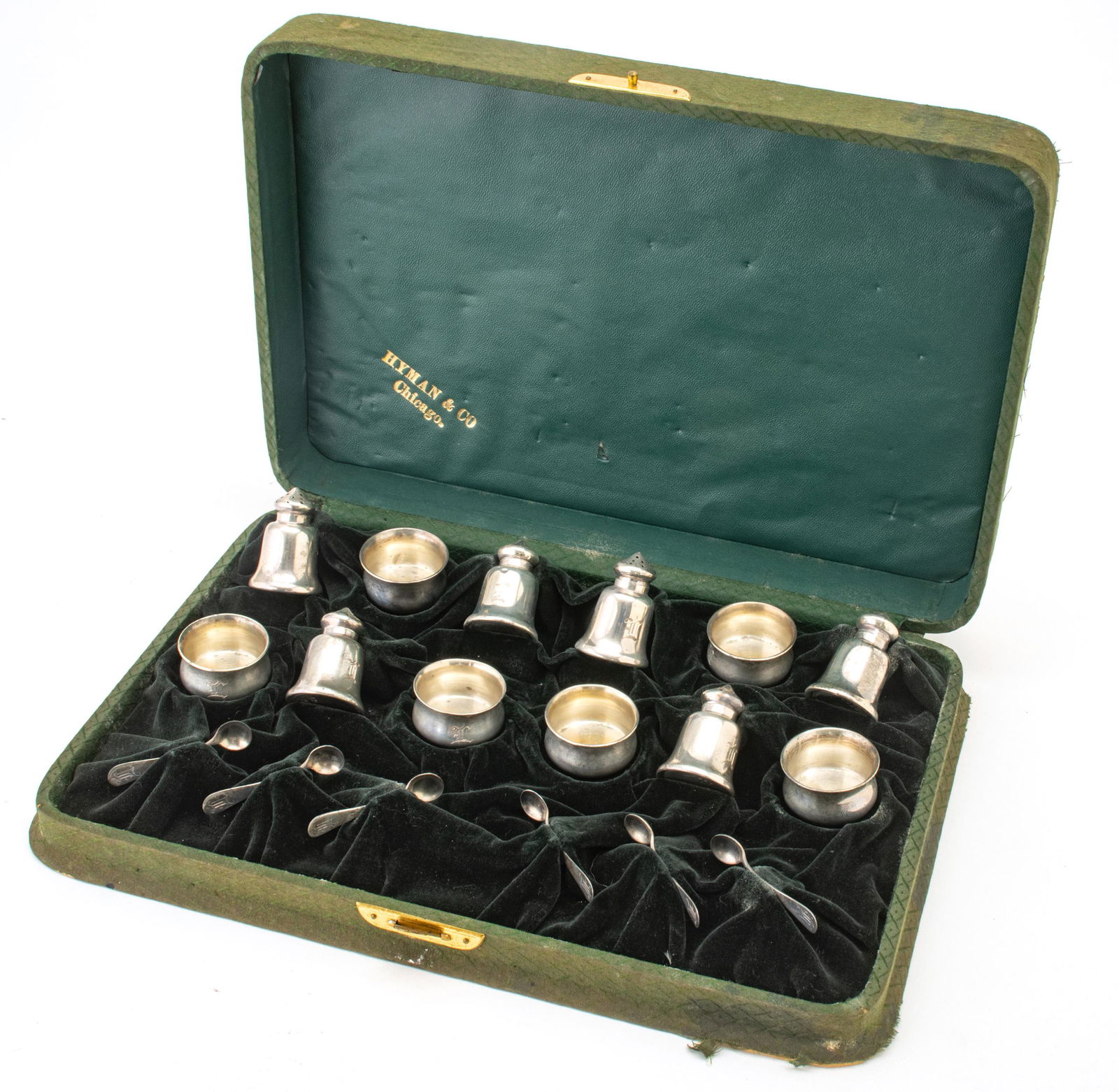 HYMAN & CO. (CHICAGO) STERLING SILVER OPEN SALTS +: HYMAN & CO. (CHICAGO) STERLING SILVER OPEN SALTS + SPOONS & PEPPERS, C. 1890, 18 PCS, H 3/4"-1.5", T.W. 2.82 TOZ A set of 6 open salt cellars with 6 spoons and 6 pepper shakers retailed by Hyman & Com