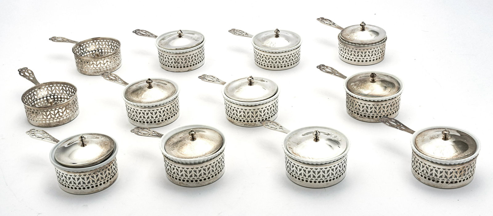 GORHAM STERLING SILVER & PORCELAIN POT DE CREMES FRAMES: GORHAM STERLING SILVER & PORCELAIN POT DE CREMES FRAMES & COVERS, 10 PCS, T.W. 26.16 TOZ Set of 10 frames and covers with porcelain ramekin inserts. Plus 2 extra frames & covers. "P" monogrammed on co