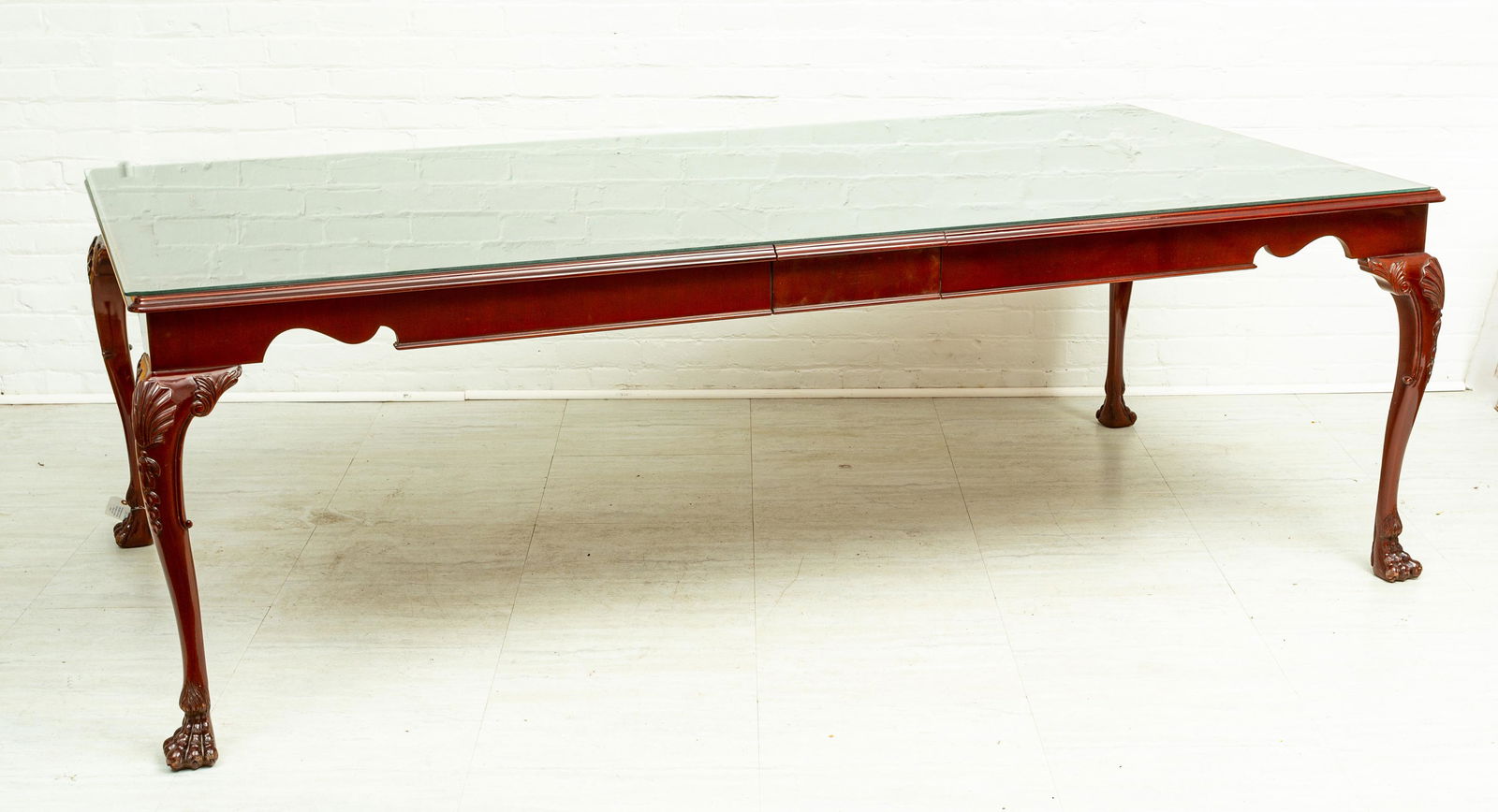 CHIPPENDALE STYLE, DINING TABLE AND EIGHT CHAIRS, H: CHIPPENDALE STYLE, DINING TABLE AND EIGHT CHAIRS, H 2'7" W 3'10" L 6'8" Glass top. Green/seafoam upholstery.