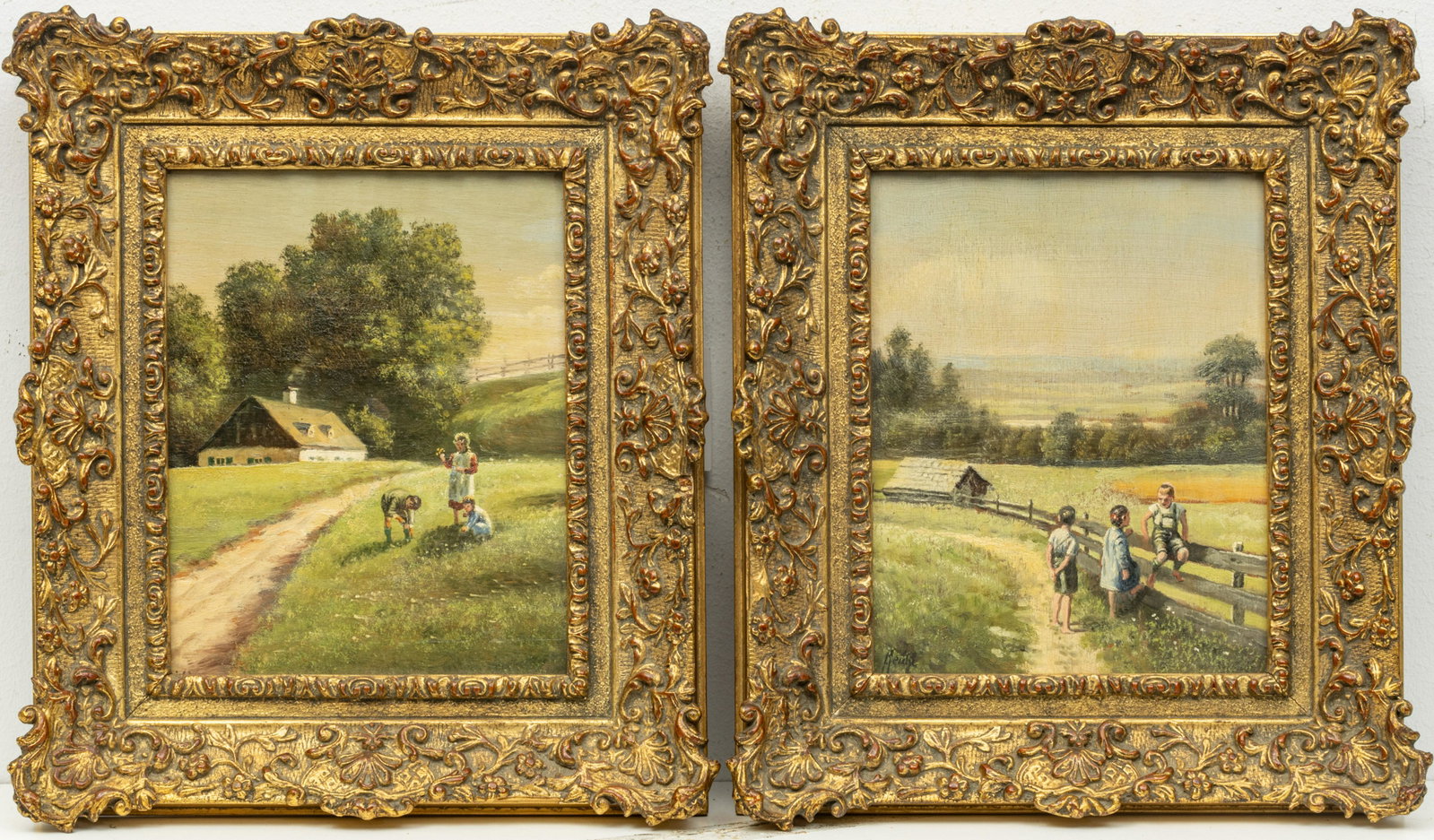 RUDOLF RITTER VON REICHL (AUSTRIAN, 1881-1915) OIL ON: RUDOLF RITTER VON REICHL (AUSTRIAN, 1881-1915) OIL ON WOOD PANELS, 19TH C, PAIR, H 10", W 8" A pair of 19th century oils on wood panels by Rudolf Ritter Von Reichl. Depicting children in a pastoral la