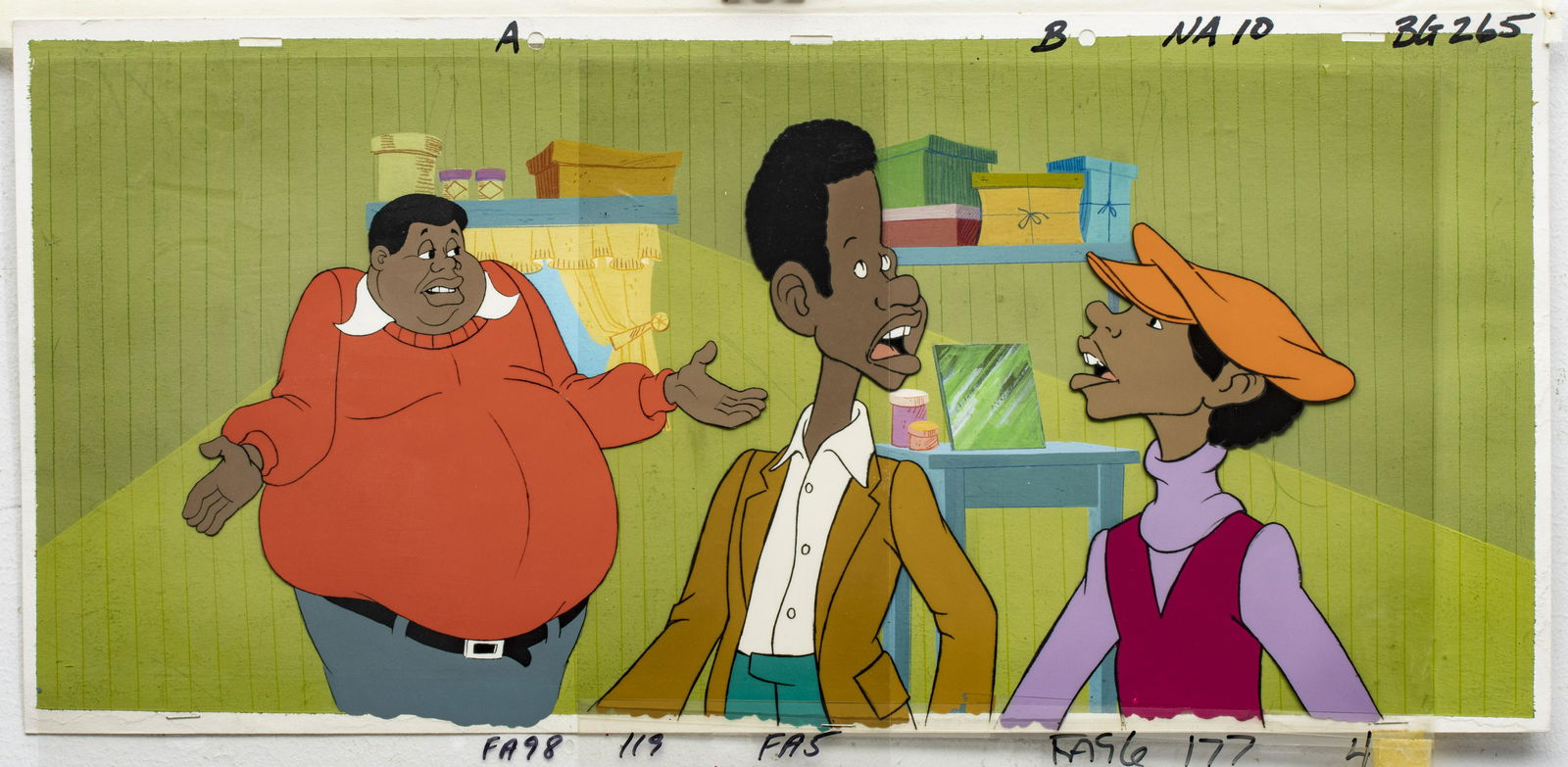 FAT ALBERT PRODUCTION ANIMATION CELS WITH HAND PAINTED: FAT ALBERT PRODUCTION ANIMATION CELS WITH HAND PAINTED BACKGROUND, C. 1970S, H 9", W 22" (VISIBLE IMAGE) Two production animation cels from the Fat Albert T.V. series with a hand-painted background. U