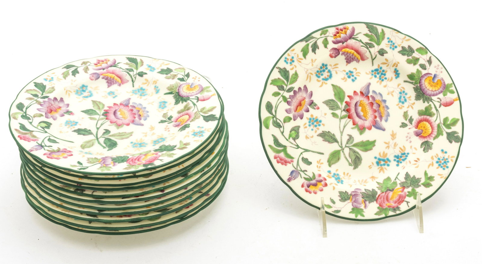 WEDGWOOD 'AVON' PORCELAIN SALAD PLATES, 12 PCS, W 8": WEDGWOOD 'AVON' PORCELAIN SALAD PLATES, 12 PCS, W 8" A set of twelve Wedgwood 'Avon' porcelain salad plates. Offers a brilliantly painted floral pattern with a green edge. Each bearing signature brand