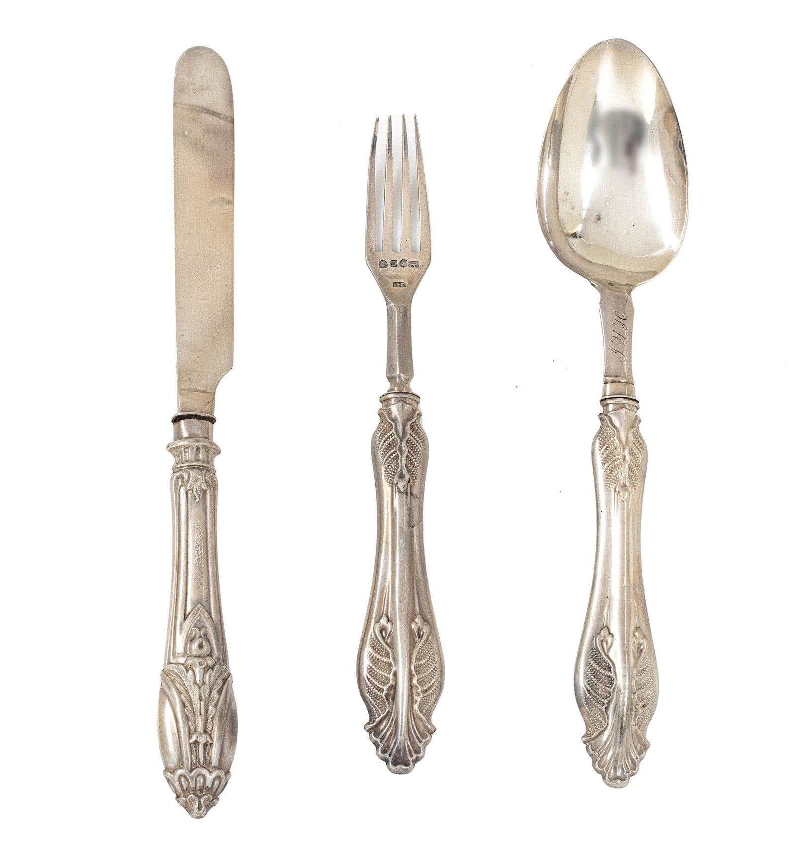 JC BIRMINGHAM STERLING SILVER YOUTH FLATWARE SET, 1855,: JC BIRMINGHAM STERLING SILVER YOUTH FLATWARE SET, 1855, 3 PCS, L 6.5"-7.5", T.W. 2.86 TOZ Spoon, knife, and fork monogrammed "IYH". Accompanied with original case, measuring H 1" x W 8.5" x D 4". Tota