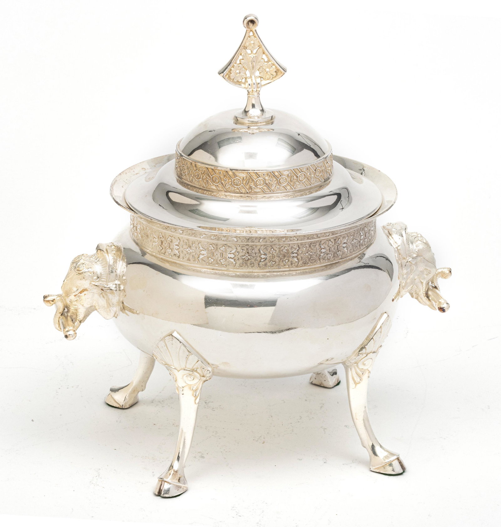 ROGERS & CO. SILVER PLATE TUREEN WITH ELEPHANT HANDLES,: ROGERS & CO. SILVER PLATE TUREEN WITH ELEPHANT HANDLES, COVER C 1880 W 14" L 14" Wm Rogers & Son, Hartford, Connecticut. Aesthetic movement, on high hoot feet and elephant head handles.
