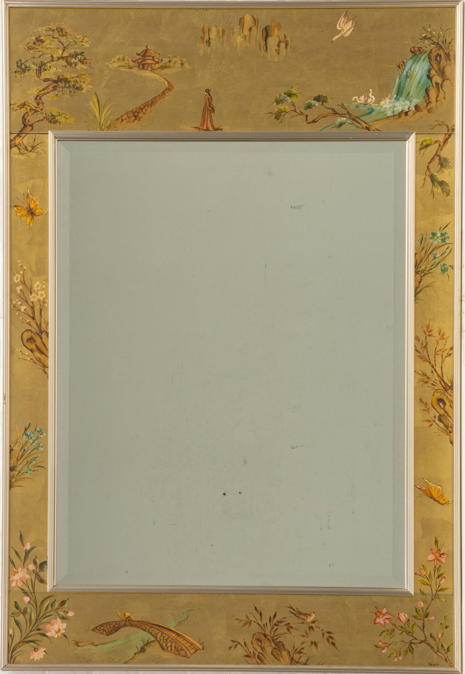 LABARGE REVERSE PAINTED GOLD LEAF MIRROR H 42" W 28.25": LABARGE REVERSE PAINTED GOLD LEAF MIRROR H 42" W 28.25" Bevelled glass. Provenance: Estate of Joan Young, Kalamazoo, Mi.