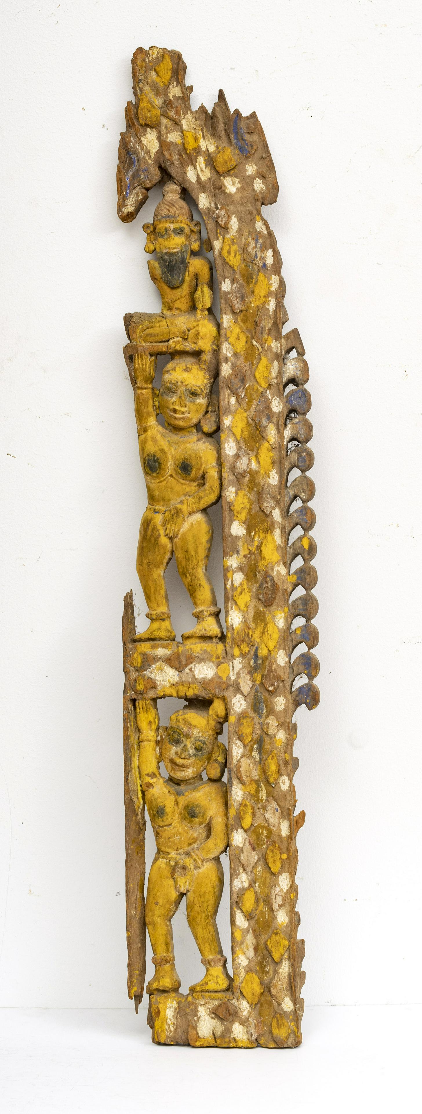 INDIA CARVED WOOD WITH PIGMENT, H 44" W 8": INDIA CARVED WOOD WITH PIGMENT, H 44" W 8" Provenance: From the Estate of John Willard Spellman, PH.D., F.R.A.S. Dr. Spellman retired as Head of the Department of Asian Studies, University of Windsor,