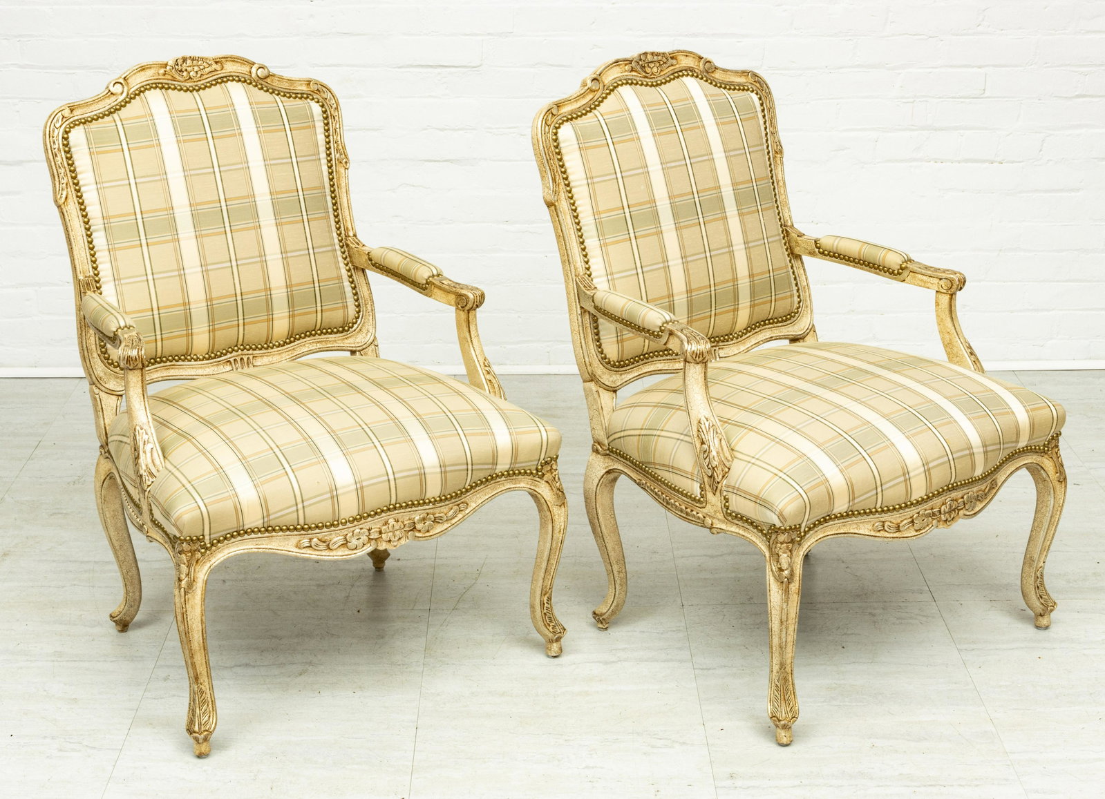 LOUIS XV STYLE WALNUT AND SILK OPEN ARMCHAIRS H 3'2" W: LOUIS XV STYLE WALNUT AND SILK OPEN ARMCHAIRS H 3'2" W 2'3" D 2'5" Hand carved wood frames. Spring style seats and arms with fabric pads. From a Beverly Hills, Mi consignor.
