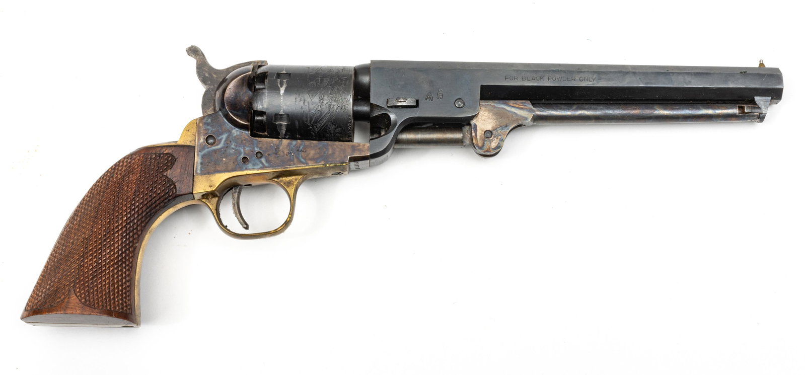 EUROARMS, COLT NAVY STYLE PERCUSSION CAP PISTOL, .36: EUROARMS, COLT NAVY STYLE PERCUSSION CAP PISTOL, .36 CAL., 20TH C., L 7 1/4" BARREL, SN 18175 Euroarms, Brescia percussion cap pistol in the style of a Colt Navy. Octagonal barrel, cylinder engraved w