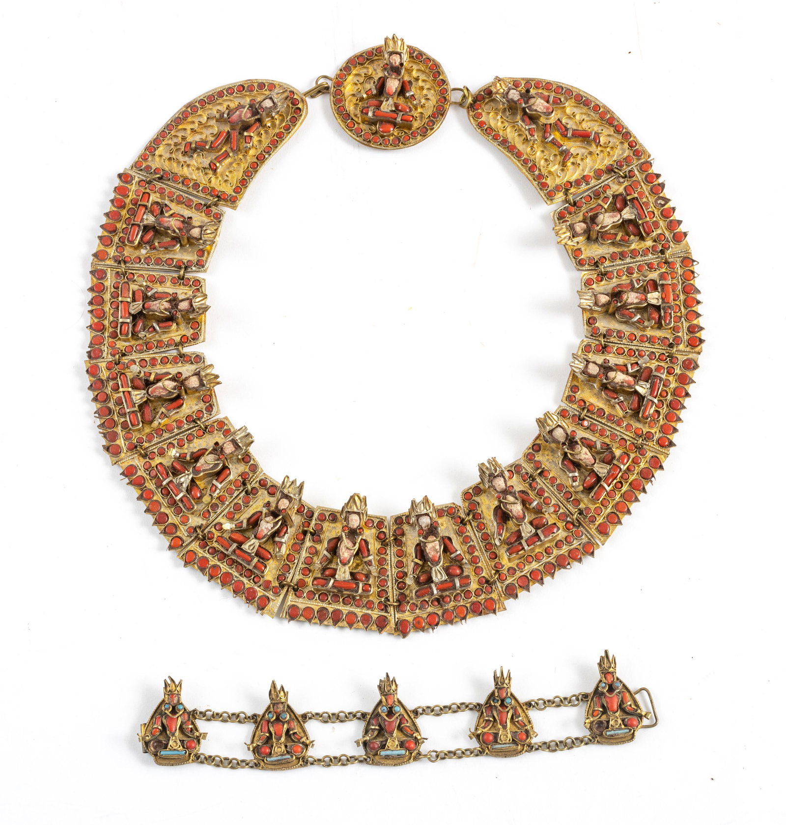 ASIAN BRASS AND STONE HAND MADE NECKLACE AND BRACELET: ASIAN BRASS AND STONE HAND MADE NECKLACE AND BRACELET L 20", 7" Possibly made in Nepal. Necklace is approx. 20" long with figural decoration in coral color stones.