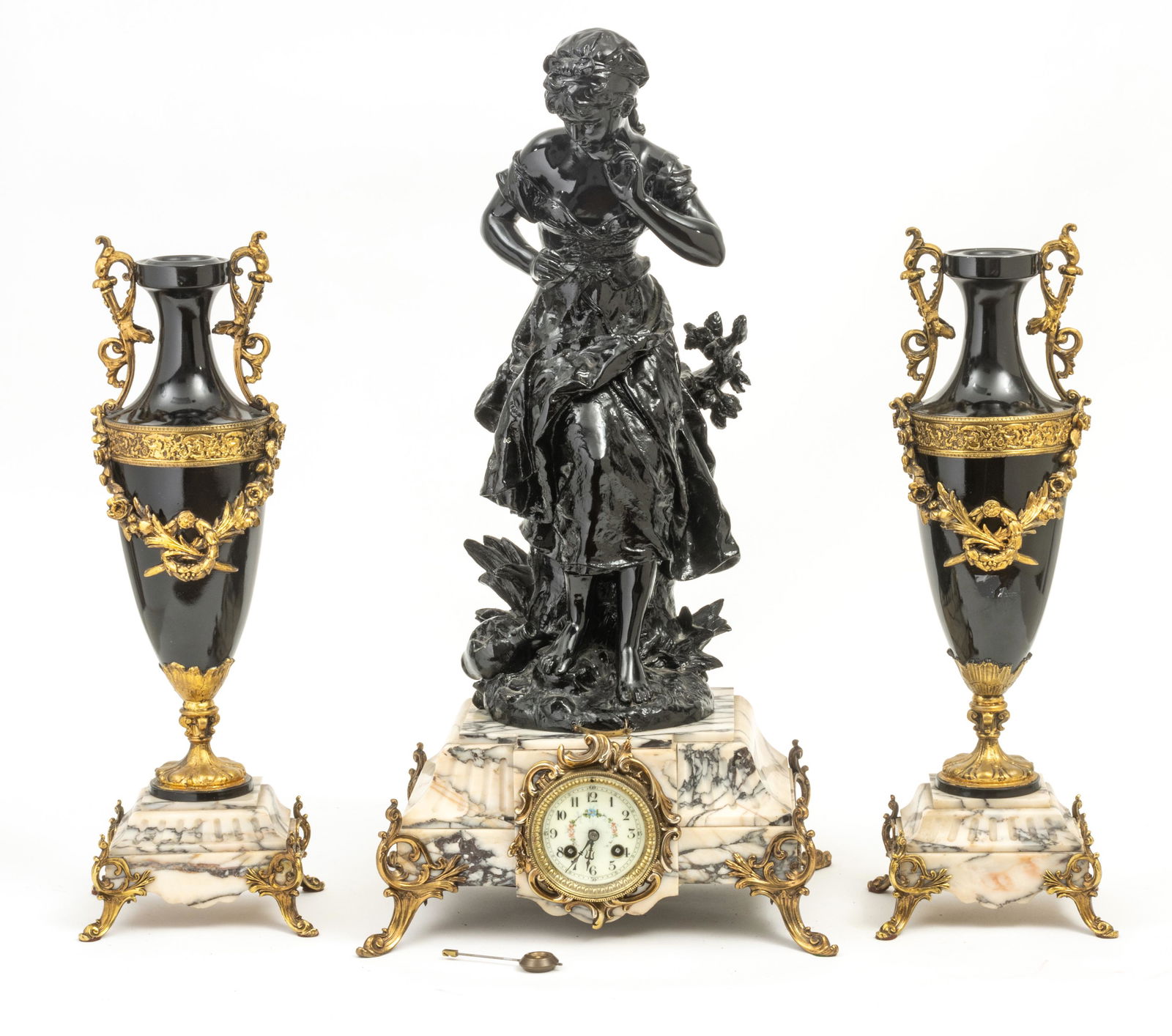 FRENCH BRONZE & MARBLE CLOCK SET, AFTER AUGUSTE MOREAU (1 of 3)
