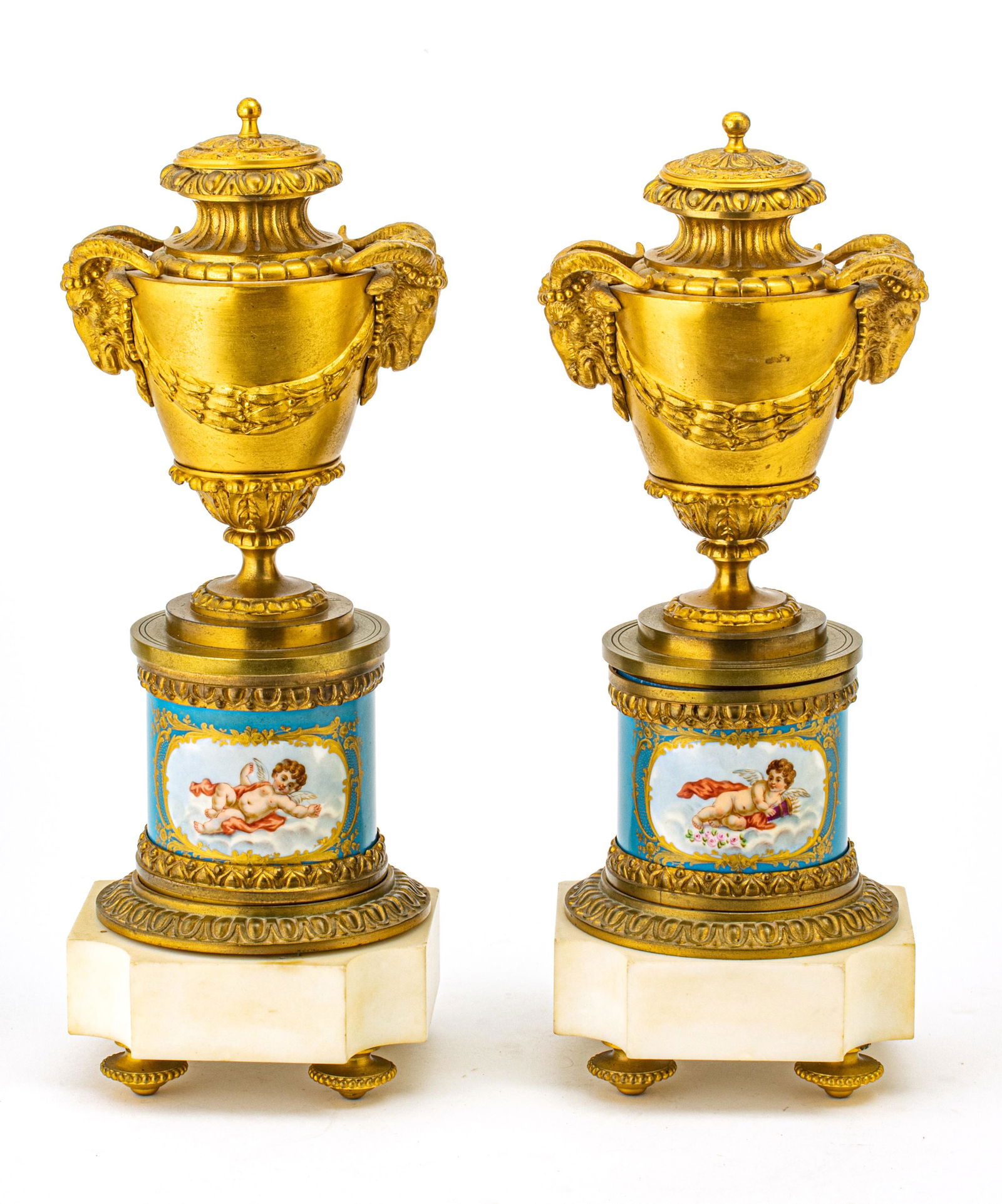 FRENCH DORE BRONZE & SEVRES PORCELAIN MARBLE URNS, 19TH (1 of 4)