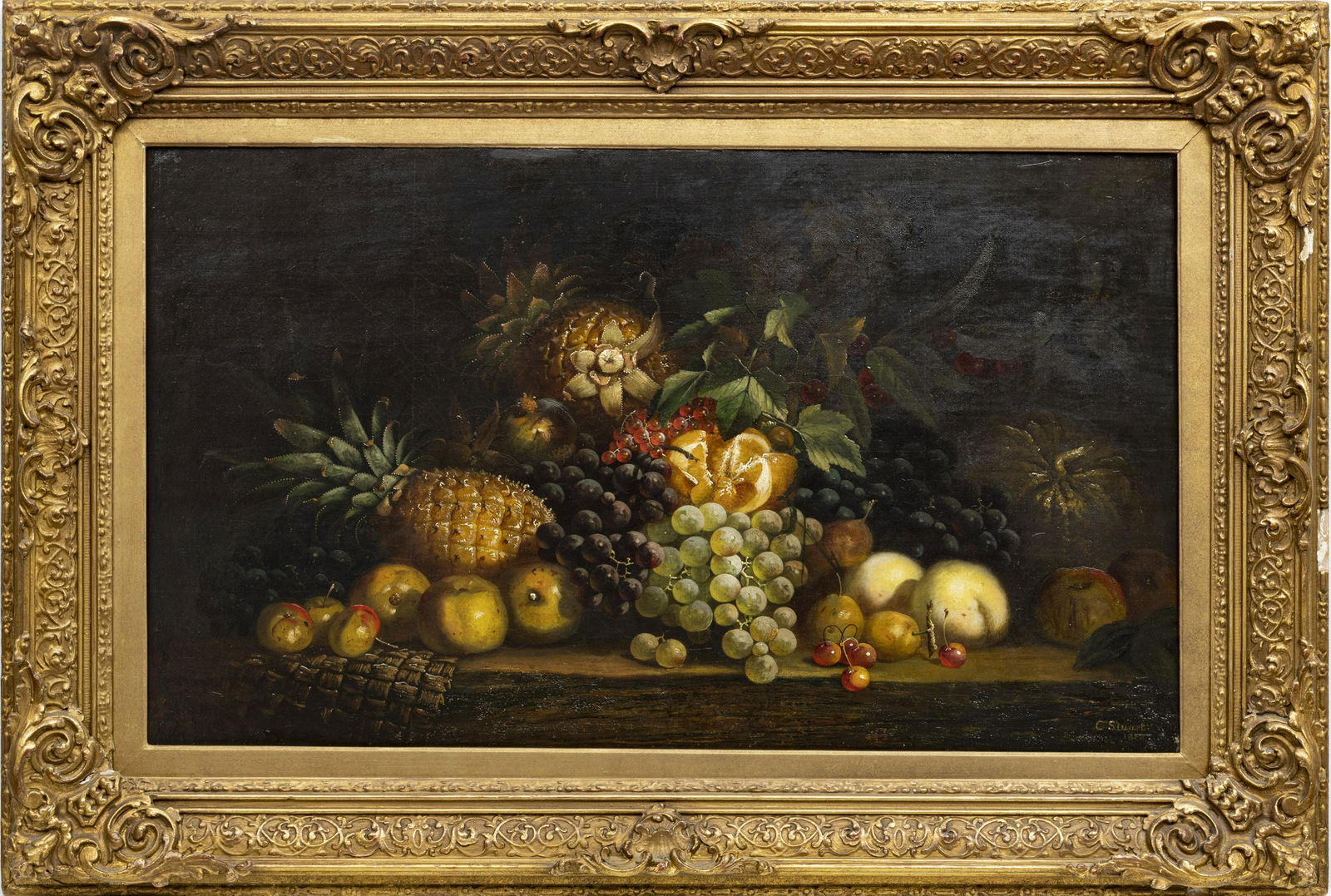 CHARLES STUART, ENG. 1854-1904, OIL ON CANVAS, H 22" W: CHARLES STUART, ENG. 1854-1904, OIL ON CANVAS, H 22" W 36" STILL LIFE Depicting finely detailed still life of exotic fruits including pineapples, grapes, pears, melons, and apples. In a period gesso a