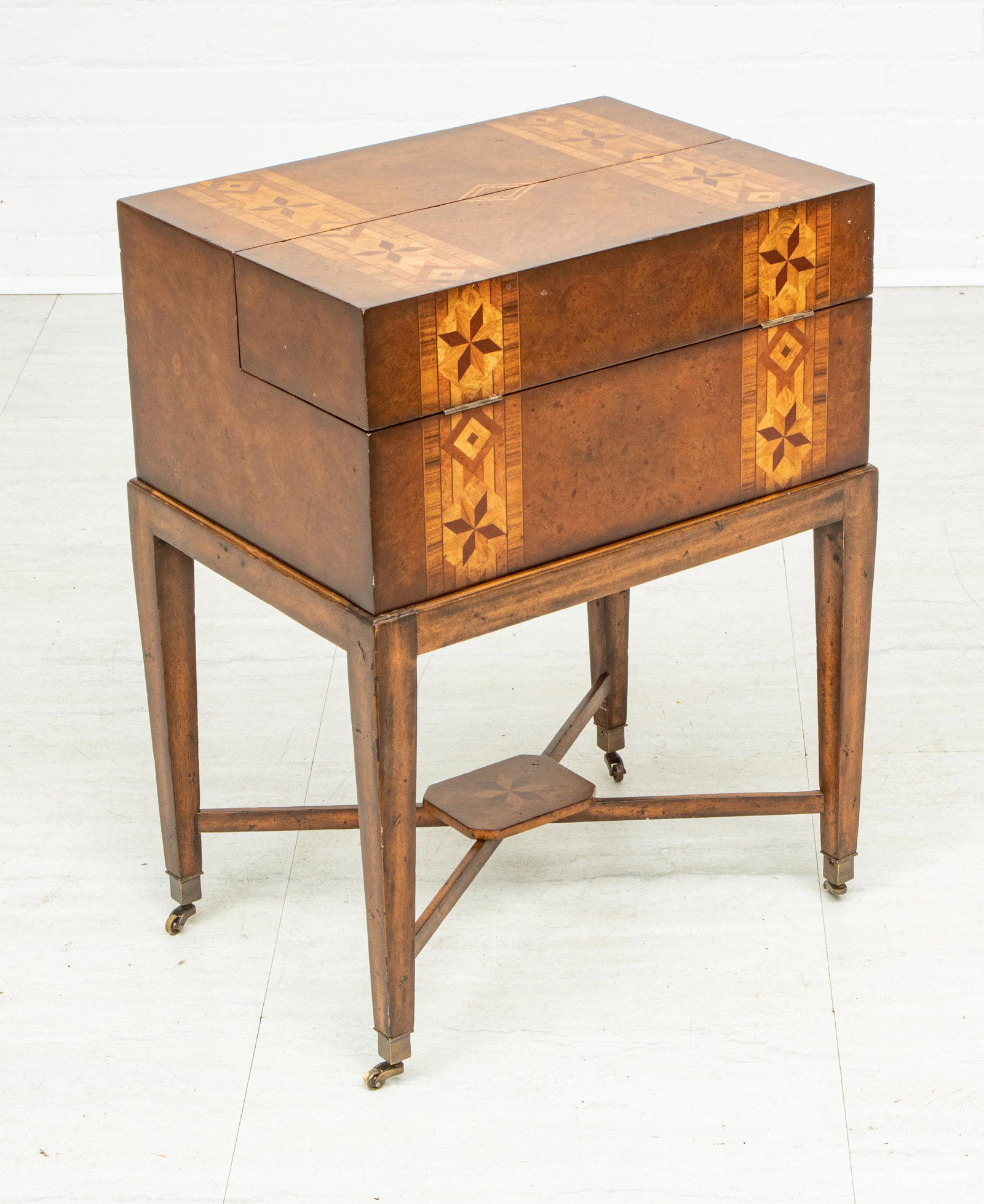 BURL WOOD VENEER WRITING DESK WITH FIVE DRAWERS H: BURL WOOD VENEER WRITING DESK WITH FIVE DRAWERS H 24.5" W 19" D 14" HEMINGWAY COLLECTION BY THOMASVILLE Writing desk with hinged writing surface. On a separate base. Walnut with fruitwood inlays. Made