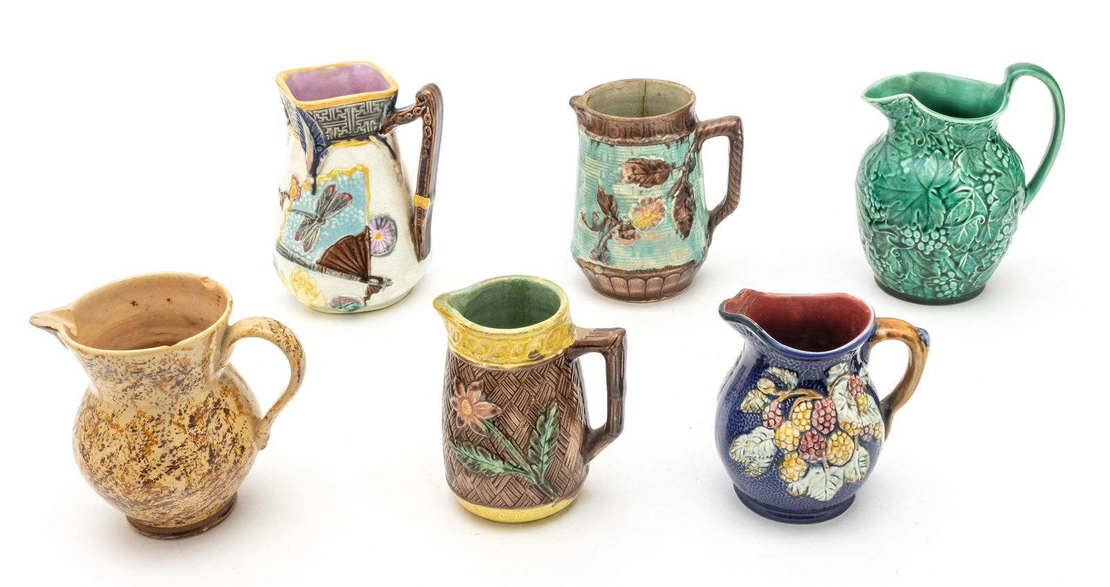 MAJOLICA POTTERY PITCHERS, C. 1900, 6 PCS, H 5"-6.5" (1 of 3)