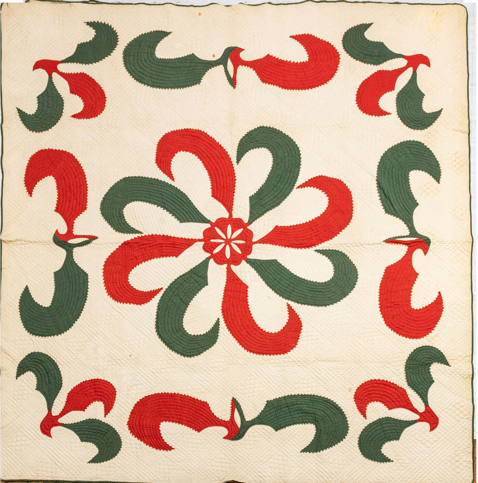 EARLY AMERICAN PRINCESS FEATHER QUILT, 19TH C, W 7' 3", (1 of 3)