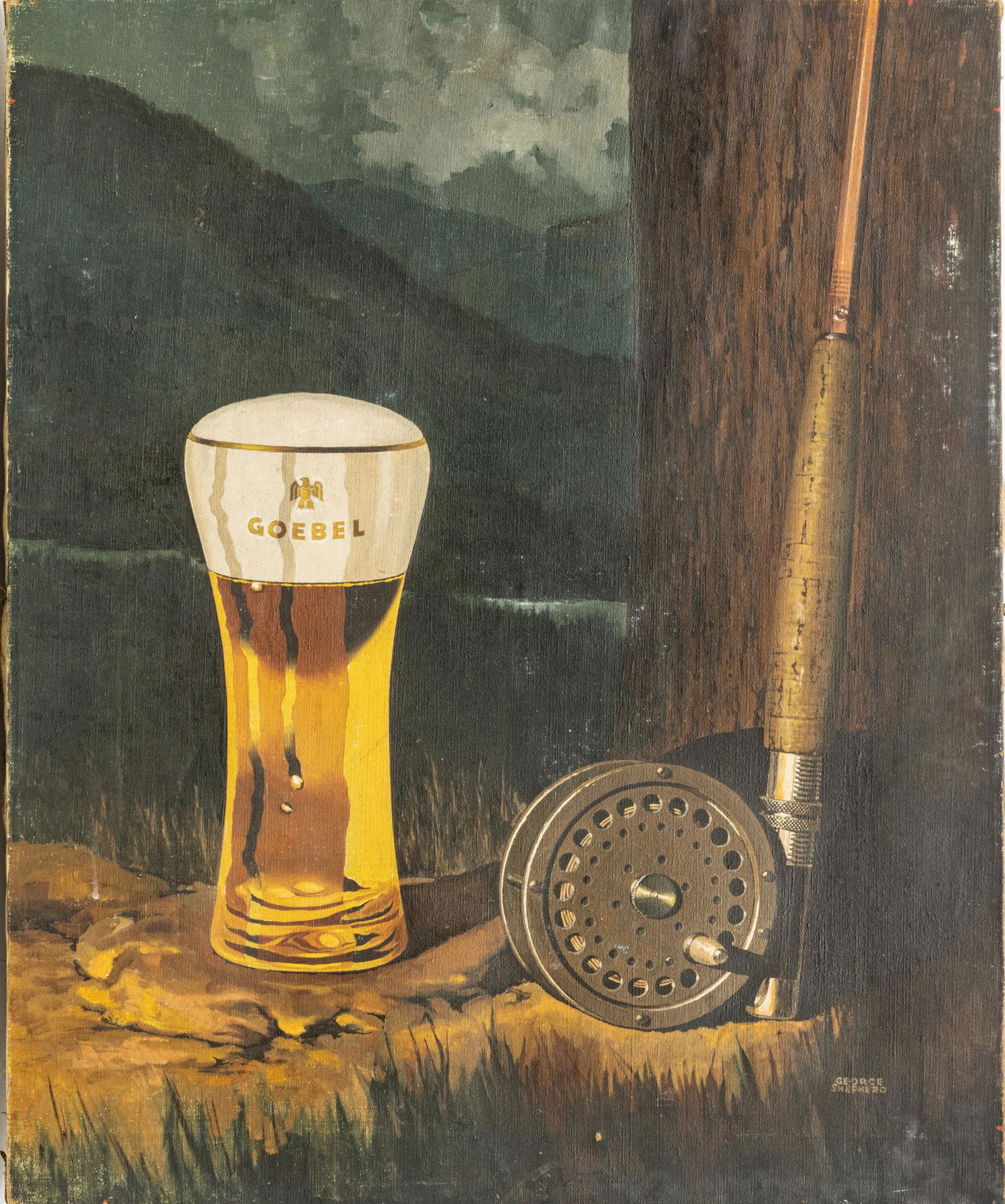 GEORGE SHEPHERD (MICHIGAN, 20TH C) OIL ON CANVAS, C.: GEORGE SHEPHERD (MICHIGAN, 20TH C) OIL ON CANVAS, C. 1940, H 25", W 20", FLY FISHERMAN'S STILL LIFE A circa 1940 oil on canvas by George Shepherd. Depicting a cold glass of Goebel beer adjacent to a f