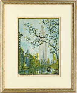 LEON LOUIS DOLICE (AUSTRIA, 1892-1960) WOODCUT IN: LEON LOUIS DOLICE (AUSTRIA, 1892-1960) WOODCUT IN COLORS ON PAPER, C. 1930, H 11.75", W 8.5", "EMPIRE STATE BUILDING" A circa 1930 woodcut in colors on paper titled "Empire State Building" by Leon Lou