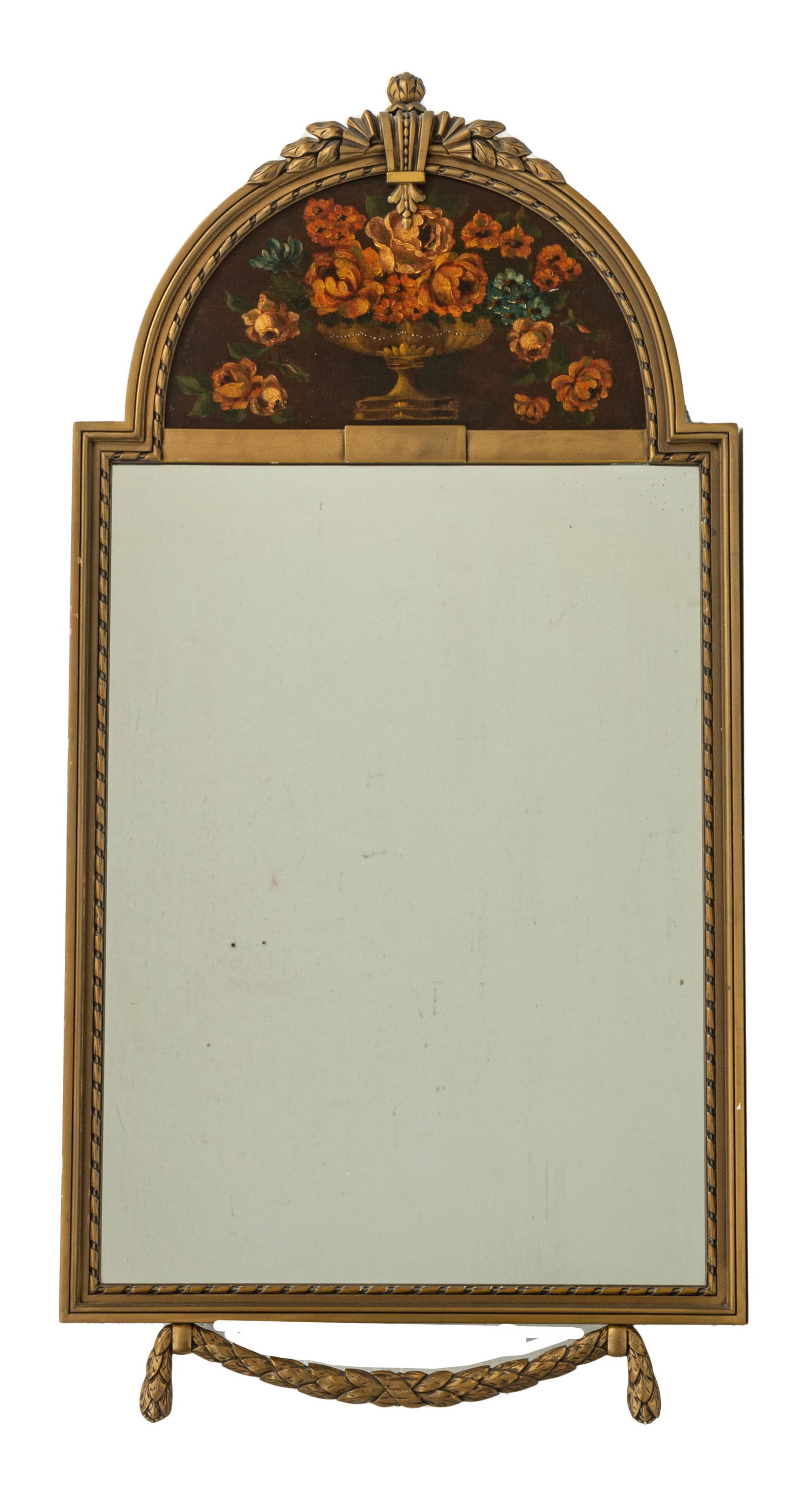 CARVED WOOD WITH PAINTED CREST MIRROR C 1930 H 42" W (1 of 2)