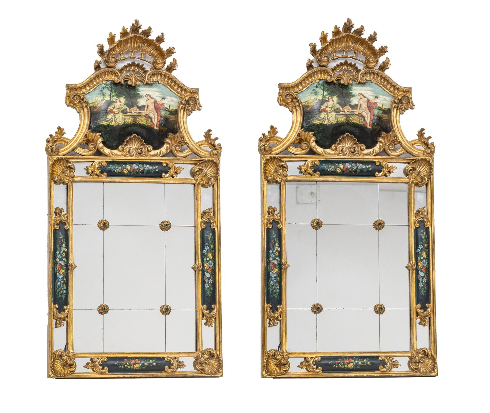 VENETIAN PAINTED CARVED WOOD MIRRORS PAIR H 35" W 17.5" (1 of 3)