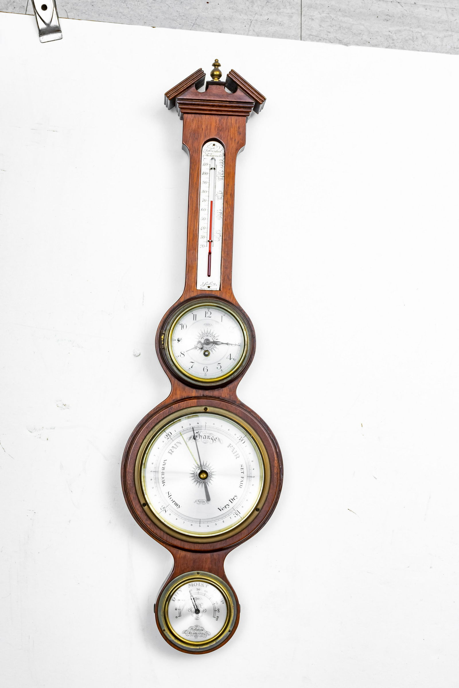 SALEM MAHOGANY BAROMETER & CLOCK, H 25", W 6.5" (1 of 5)