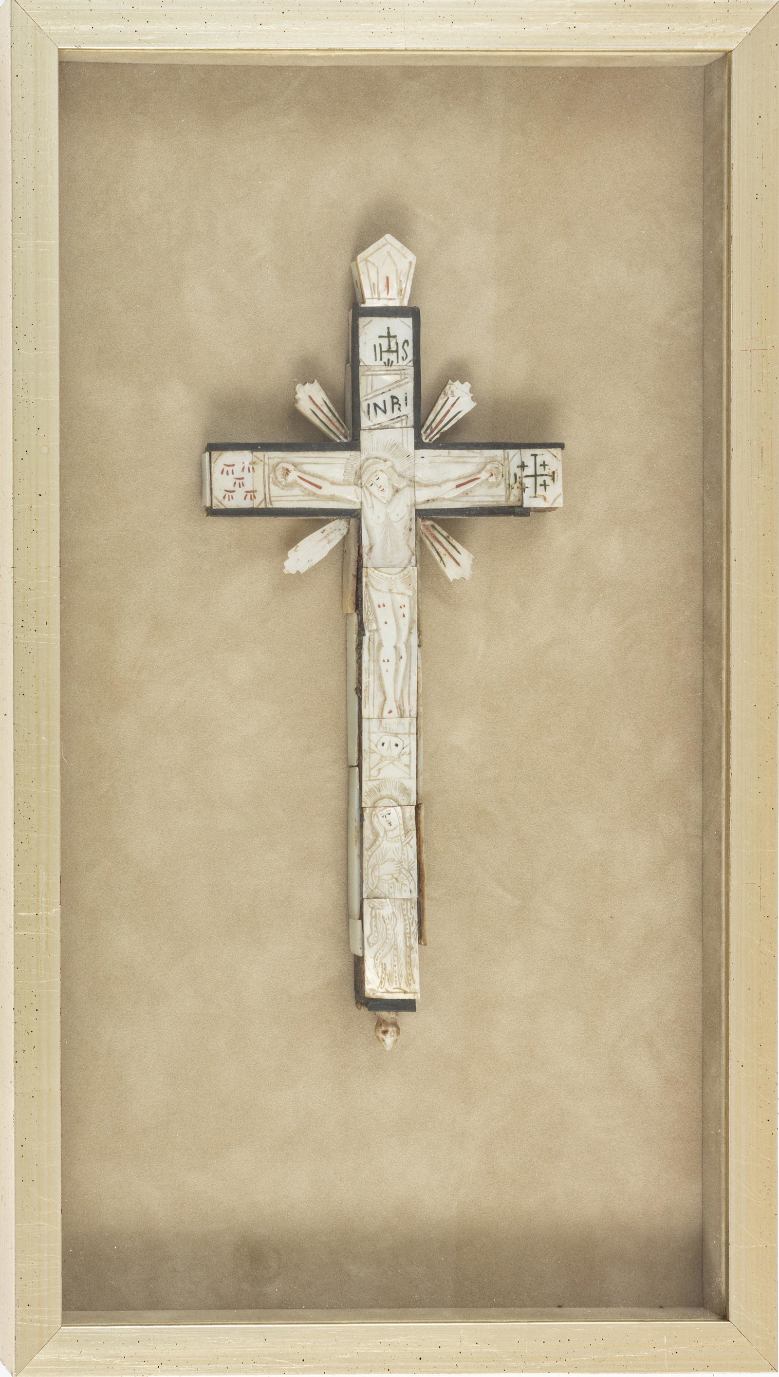 ITALIAN INCISED MOTHER OF PEARL CRUCIFIX, H 9", W 4.5": ITALIAN INCISED MOTHER OF PEARL CRUCIFIX, H 9", W 4.5" Incised mother of pearl panels mounted to a wooden crucifix. In a shadow box frame, H 15", W 9", D 1".