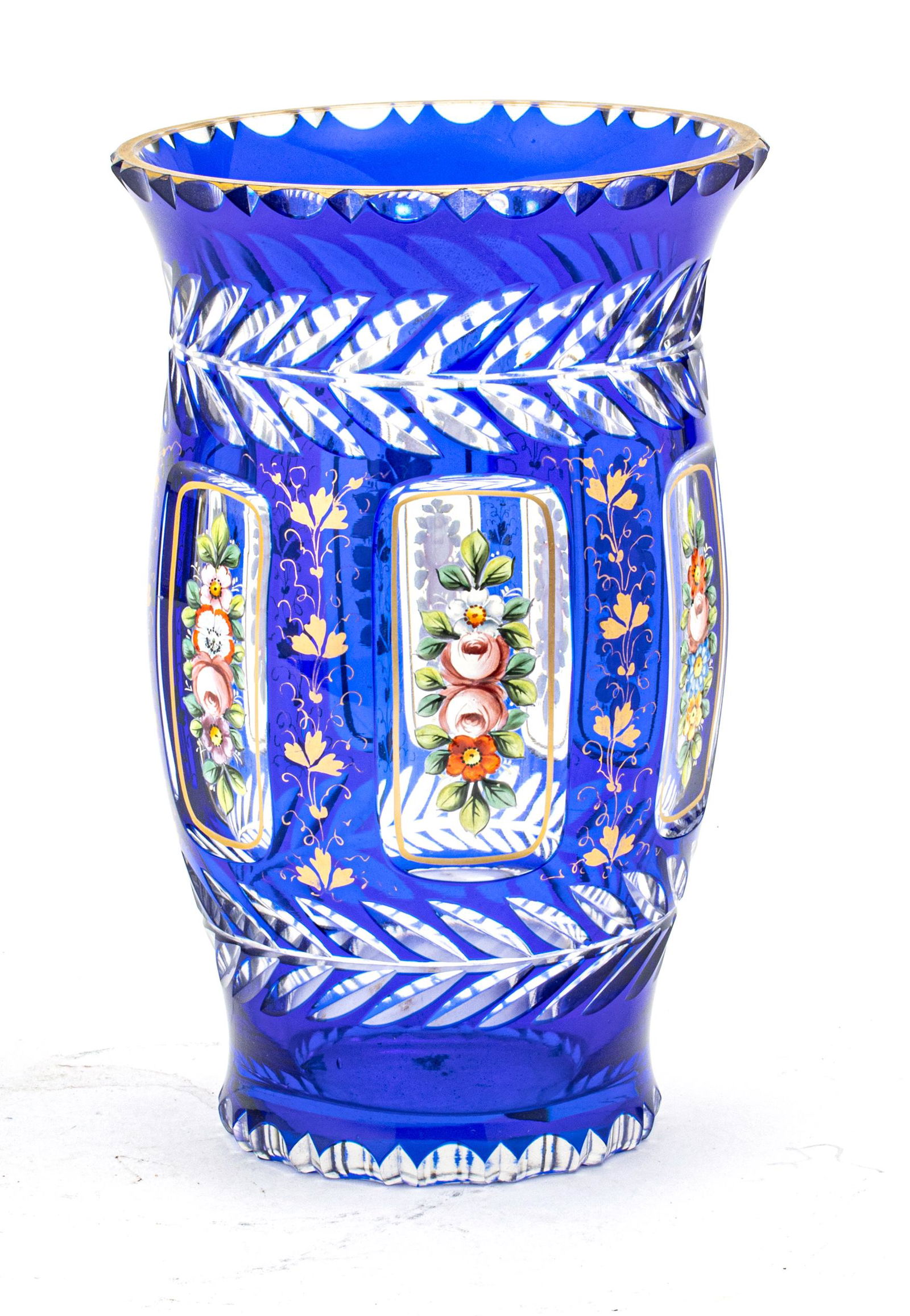 BOHEMIAN COBALT CUT TO CLEAR CRYSTAL VASE, H 7.25", DIA (1 of 4)