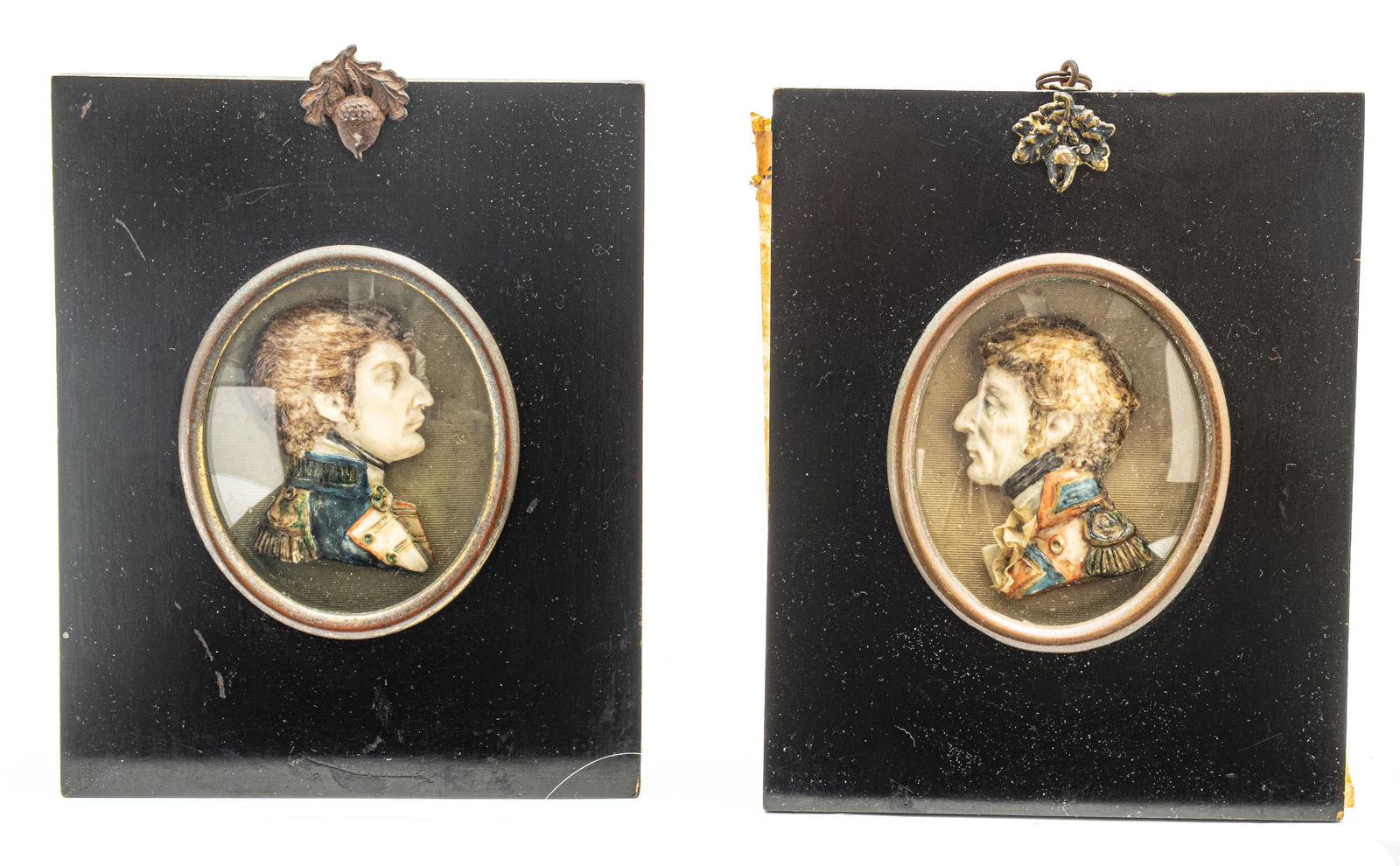 PAINTED WAX PORTRAITS, 19TH C, PAIR, H 6.5", W 5", (1 of 2)