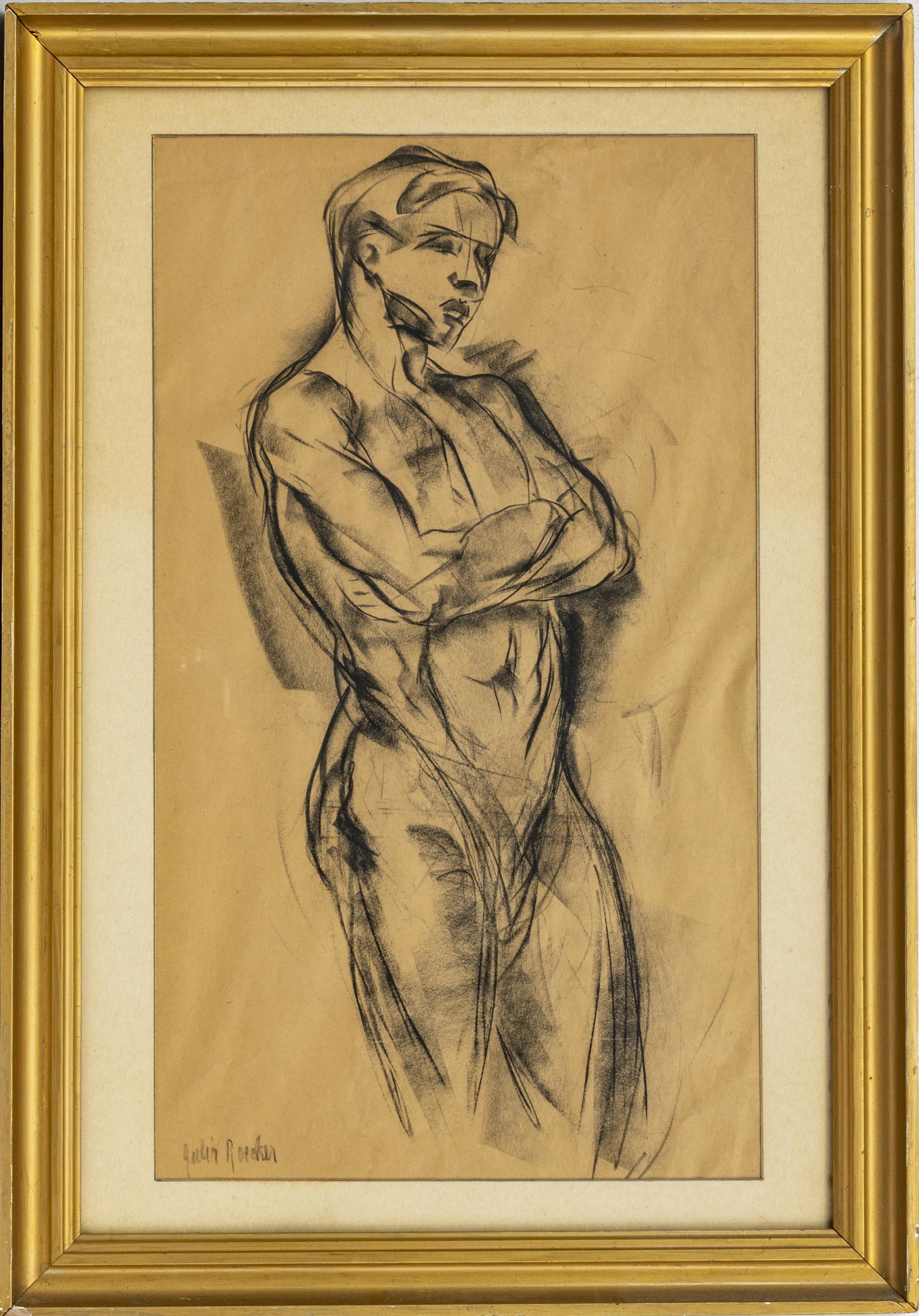 JULIA ROECKER, CHARCOAL ON PAPER, H 19", W 11", NUDE: JULIA ROECKER, CHARCOAL ON PAPER, H 19", W 11", NUDE STUDY Artist's signature to the lower left. From the estate of James Letson, Saginaw.