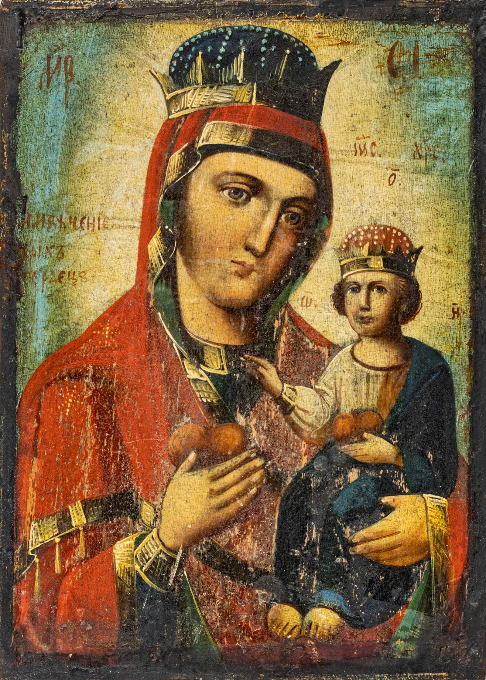 RUSSIAN OIL ON PANEL ICON, H 9.25", W 6.75", MADONNA & (1 of 2)