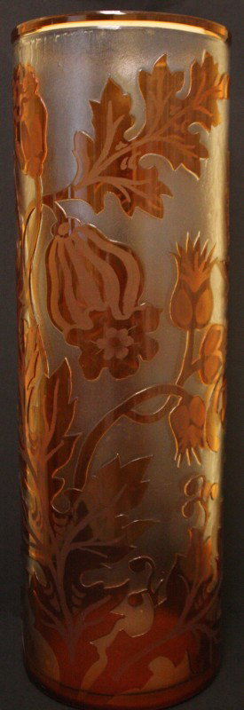VAL ST. LAMBERT ART GLASS VASE, H 14": VAL ST. LAMBERT ART GLASS VASE, H 14":Cylindrical shape, floral design; two-tone frosted and clear glass, 13 7/8" H. Signed on underside "Val St. Lambert".