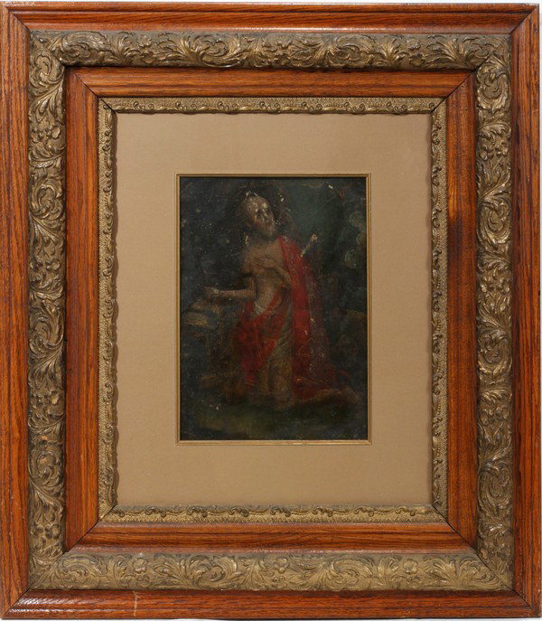 CONTINENTAL PAINTING, OIL ON METAL PANEL,: CONTINENTAL PAINTING, OIL ON METAL PANEL, ANTIQUE, 13" X 9" (SIGHT), ST. JEROME:Image depicts St. Jerome kneeling in front of an open Bible, with a lion just in front of him at the left. No apparent s