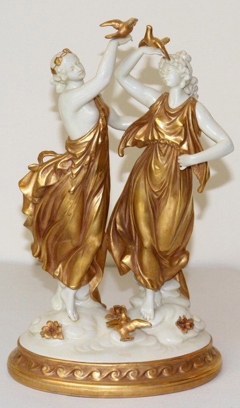 GERMAN PORCELAIN FIGURE GROUP, EARLY 20TH C., : GERMAN PORCELAIN FIGURE GROUP, EARLY 20TH C., H 11 3/4", W 6 3/4":Gilt highlights. From the collection of Joseph and Norina Simon, Grosse Pointe Farms, Mi.