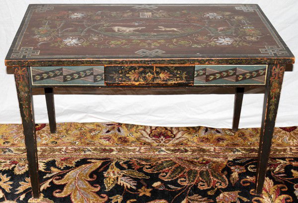 VENETIAN ANTIQUE CLASSIC ITALIAN TABLE, H 29": VENETIAN ANTIQUE CLASSIC ITALIAN DECORATED TABLE, H 29", W 44", D 26":Hand decorated. Plate glass top. From the Collection of Baroness Maud Von Kettler who married Baron Von Kettler in 1890. He was st