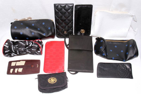 CHANEL, GUCCI, BOSCA & ACCESSORIES, 11 PCS: CHANEL, GUCCI, BOSCA & OTHER ACCESSORIES, ELEVEN PIECES:Including 3 leather eyeglass cases (two Chanel and one Gucci), 2 Guerlain cosmetic bags, 1 Sonia Rykiel cosmetic pouch, 1 Bosca card case, 1 Ita