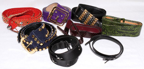 LEATHER & SUEDE BELTS, INCLUDING DESIGNER, 8: LEATHER & SUEDE BELTS, INCLUDING DESIGNER, EIGHT:Including 1 Kimberly, 1 Garay, 1 Adele Simpson, 1 Anne Klein for Calderon and four others.