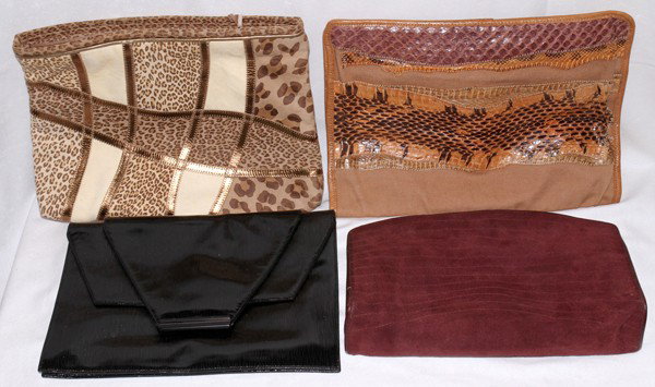 LEATHER & SUEDE FASHION CLUTCHES, FOUR: LEATHER & SUEDE FASHION CLUTCHES, FOUR:Including Meyers (USA), Carlos Falchi with reptile trim, 1 Italian suede for Saks Fifth Avenue and 1 Krizia (Made in Italy). W. 12" - 13".