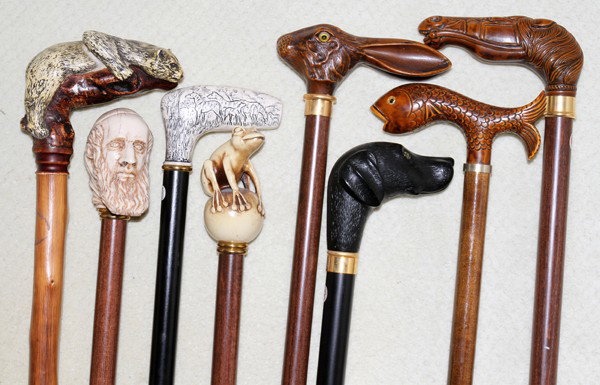 WALKING STICKS, EIGHT: WALKING STICKS, EIGHT:Wood animal and faux ivory. Includes frog, rabbit, horse head, dog, fish, beaver.