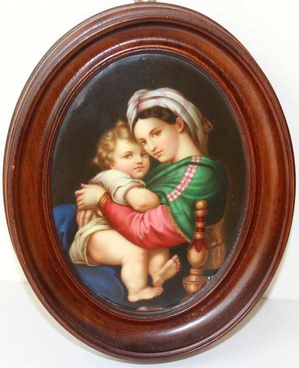 AFTER RAPHAEL, PAINTING ON PORCELAIN 6 1/2" X : AFTER RAPHAEL, PAINTING ON PORCELAIN, 'MADONNA OF THE CHAIR', 6 1/2" X 4 1/2":Hand-painted, framed. From the collection of Joseph and Norina Simon, Grosse Pointe Farms, Mi.