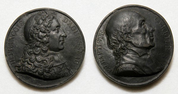 ENGLISH BASALT INTAGLIO MEDALLIONS, TWO, : ENGLISH BASALT INTAGLIO MEDALLIONS, EARLY 19TH C., TWO, DIA 1 1/2":Reads "Baptiste Gurbier, Il Francois D'Aguiesse Au", made for the French market, possibly by Wedgwood.