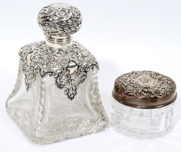 STERLING & CRYSTAL PERFUME BOTTLE, STERLING JAR: STERLING & CUT CRYSTAL PERFUME BOTTLE, BIRMINGHAM,, H 5" & STERLING COVERED JAR:Including 1 sterling-clad bottle with hinged lid and hand-cut crystal base in cane pattern, has crystal inside stopper,