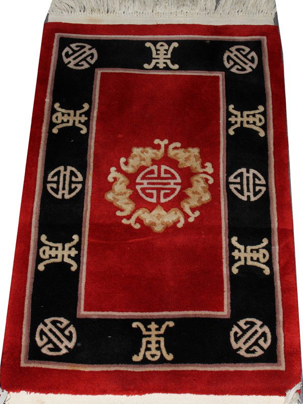 CHINESE ORIENTAL RUG, 3' 1" X 2' 0": CHINESE ORIENTAL RUG, 3' 1" X 2' 0":Red field, black border.