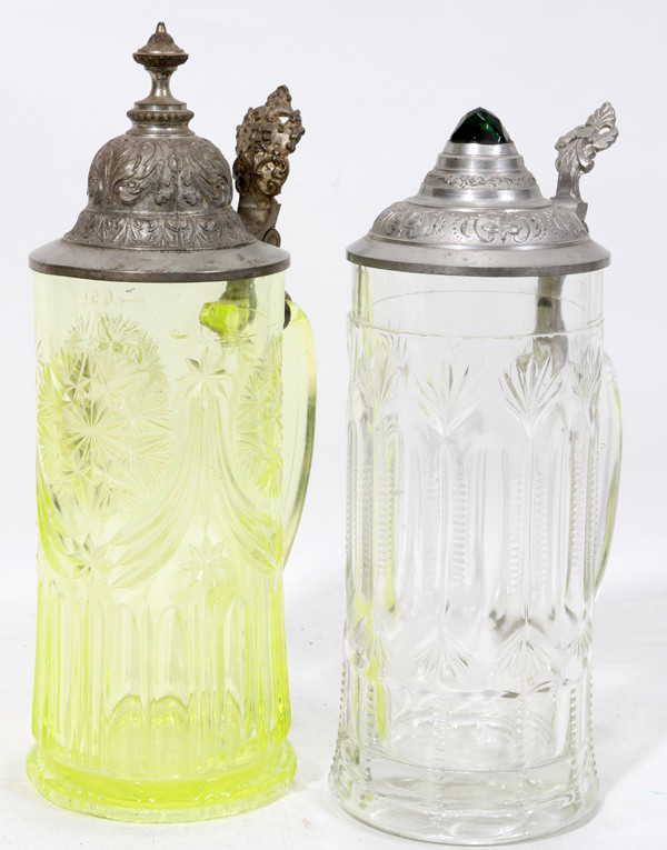 121498 GERMAN ANTIQUE GLASS BEER STEINS (2) H 9" & 10"