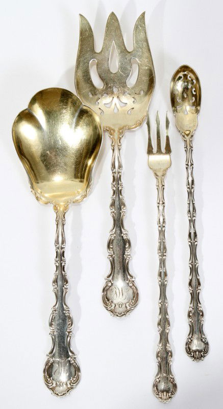 GORHAM 'STRASBOURG' STERLING SERVING PIECES (4): GORHAM 'STRASBOURG' STERLING SERVING PIECES (4) WITH VERMEIL, L 8"-9":Sterling silver set of serving pieces includes 1 serving fork, L.8 3/4", 1 serving spoon, L.8 1/2", 1 condiment fork, L.8", and 1